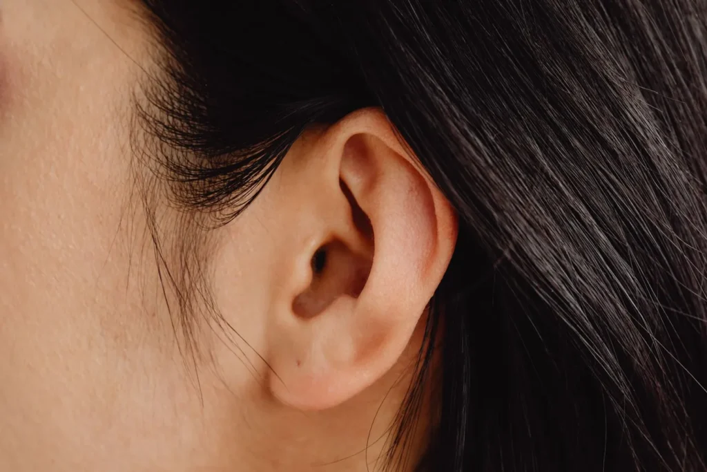 Detailed close-up photo showcasing a human ear with dark hair